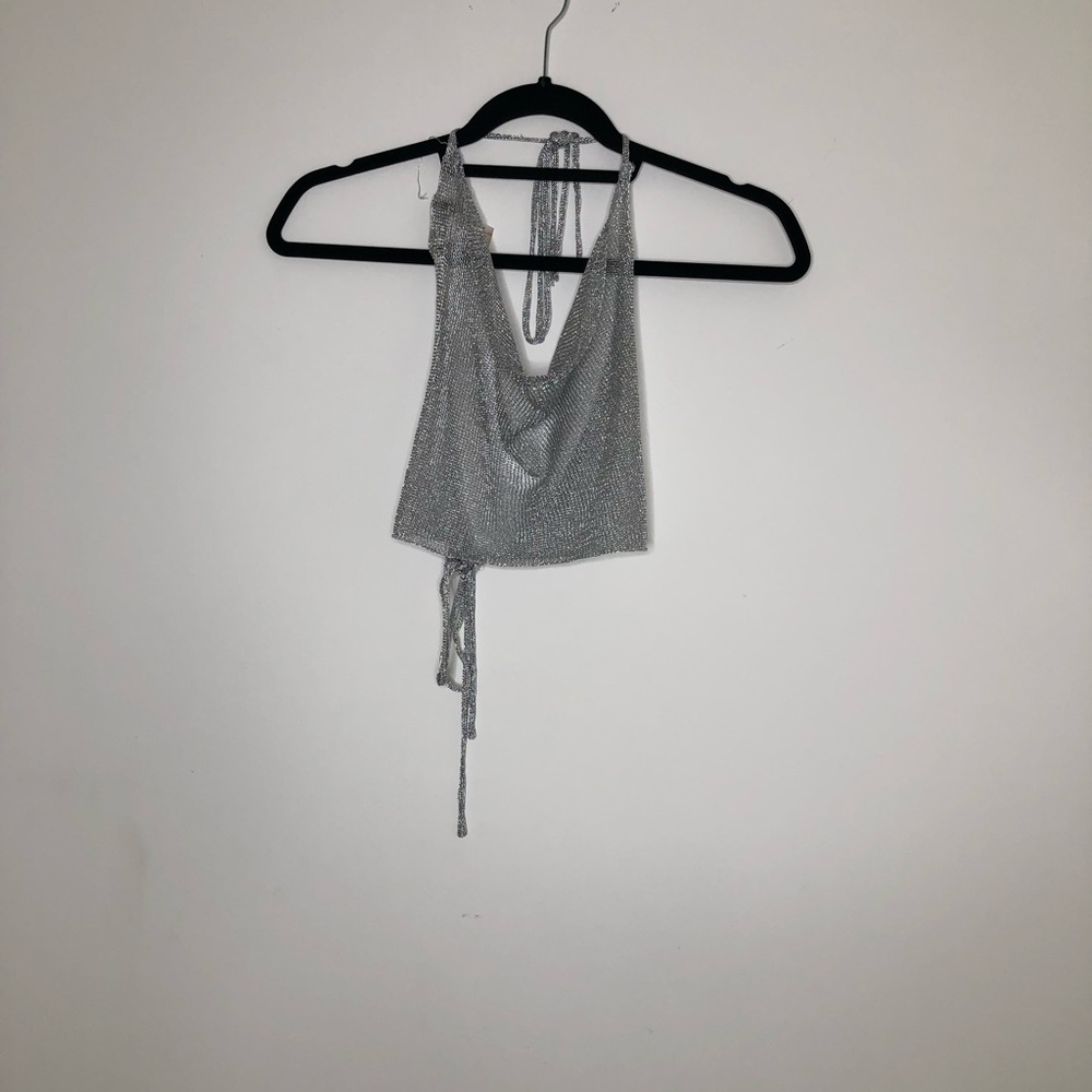 Silver Metallic Mesh Halter Top